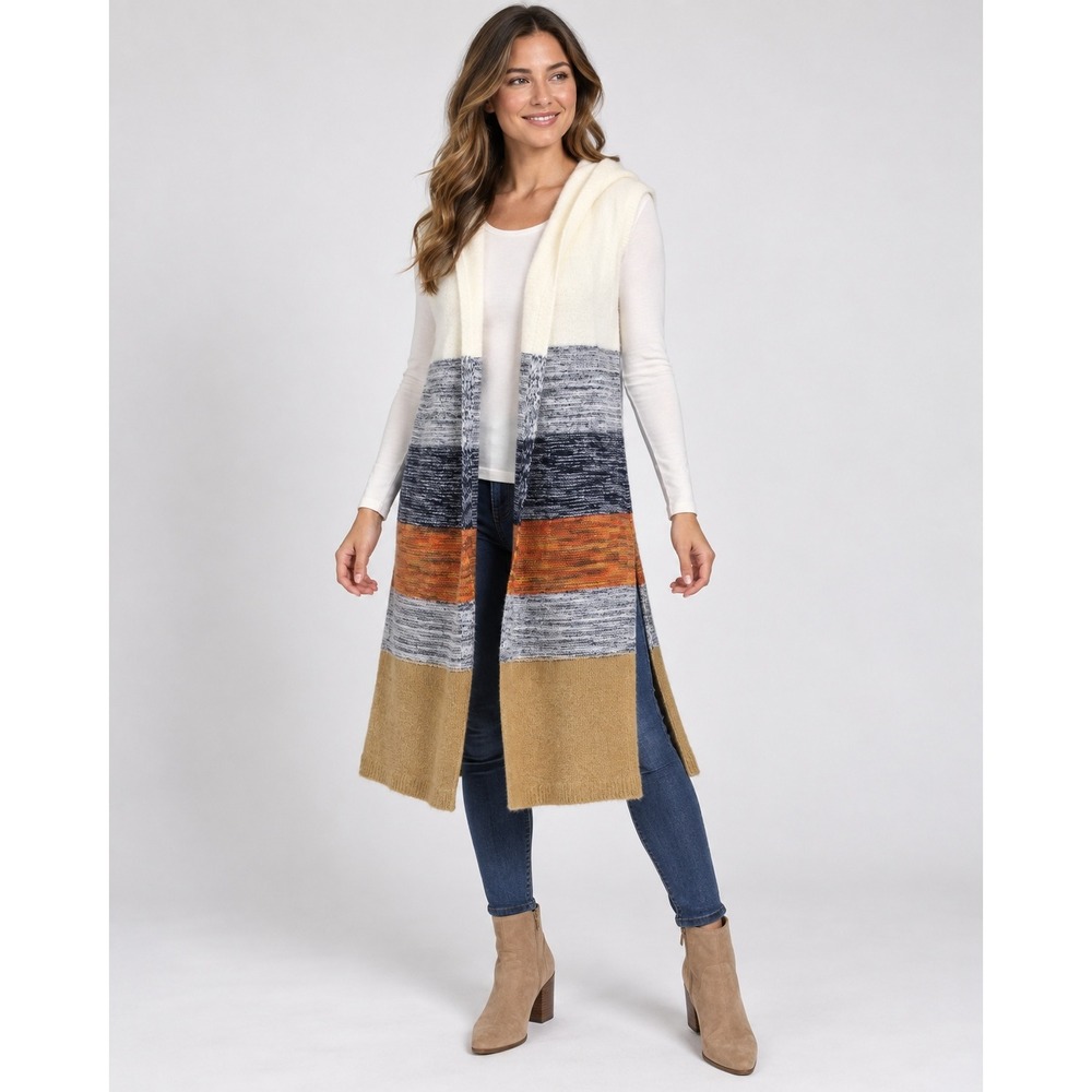 Absolutely Famous Vest Hooded Colorblock Stripe Acrylic Nylon Boho Large